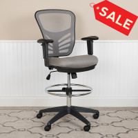 Flash Furniture HL-0001-1CBLACK-LTGY-GG Mid-Back Light Gray Mesh Ergonomic Drafting Chair with Adjustable Chrome Foot Ring, Adjustable Arms and Black Frame